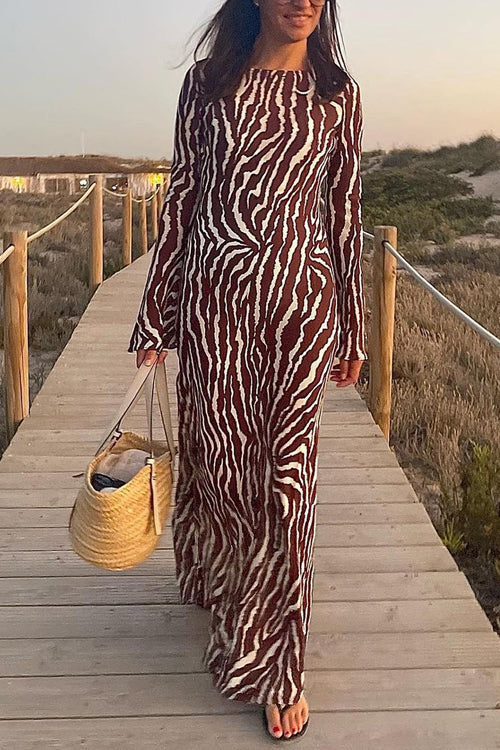 Karladress Boat Neck Bell Sleeves Animal Print Maxi Dress