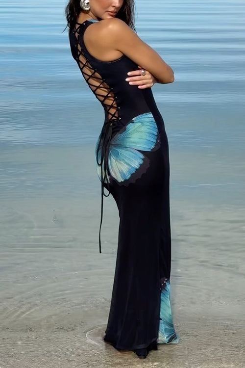 Karladress Back Lace-up Sleeveless Butterfly Print Maxi Dress