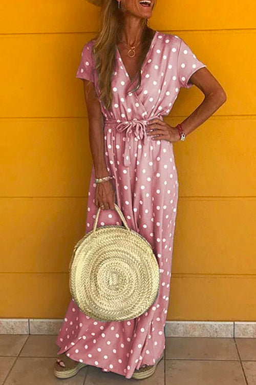 Karladress V Neck Short Sleeve Tie Waist Polka Dot Maxi Holiday Dress