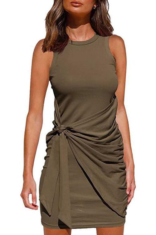 Karladress Crewneck Knot Front Ruched Sleeveless Dress