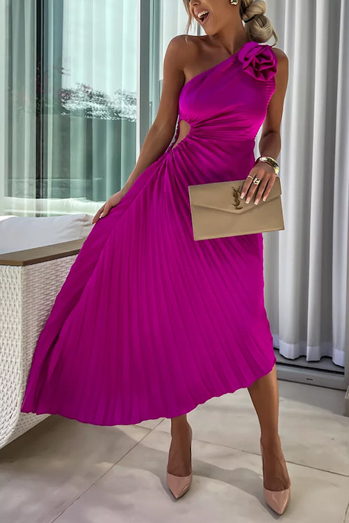 Karladress 3D Rose One Shoulder Cut Out Waist Asymmetric Hem Pleated Maxi Dress