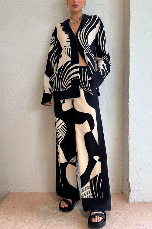 Karladress Graphic Printed Long Sleeve Blouse Shirt Wide Leg Pants 2 Pieces Set