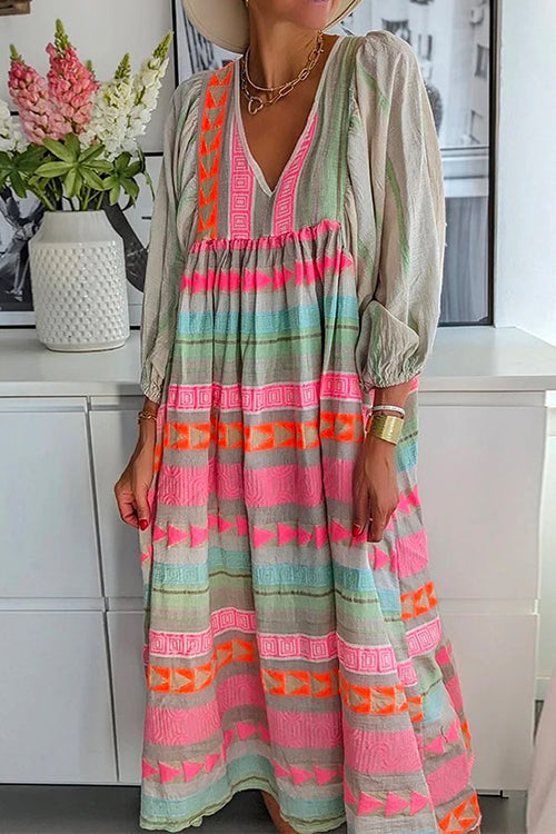 Karladress V Neck Puff Sleeve Color Block Printed Swing Dress