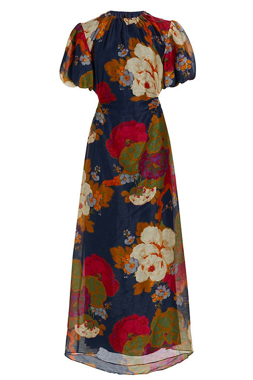 Karladress Puff Sleeve Cut Out Waist Floral Maxi Swing Dress