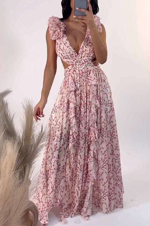 Karladress Deep V Neck Cut Out Sleeveless Ruffle Floral Print Maxi Dress