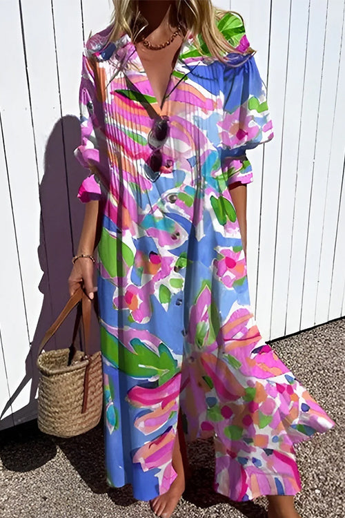 Karladress Ruched Button Down Balloon Sleeves Printed Maxi Dress