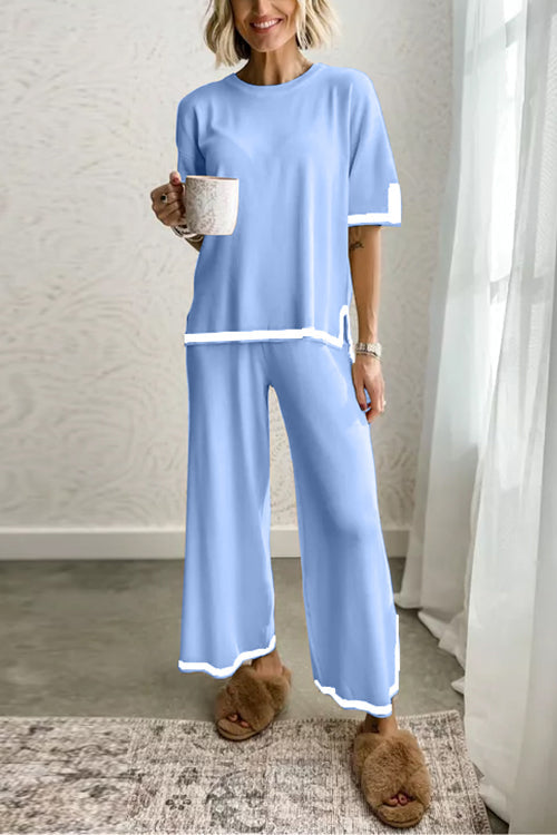 Karladress Color Block Short Sleeves Side Split Pullover Wide Leg Pants Knitting Loungewear Set