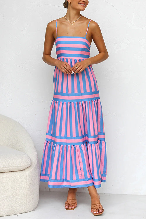 Karladress Spaghetti Strap Tiered Color Block Striped Maxi Dress