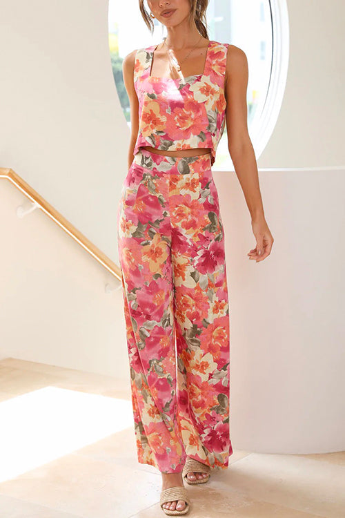 Karladress Floral Printed Square Collar Crop Tank Top Wide Leg Pants Set