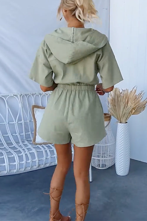 Zip Up Pocketed Elastic Waist Hoodied Cargo Romper