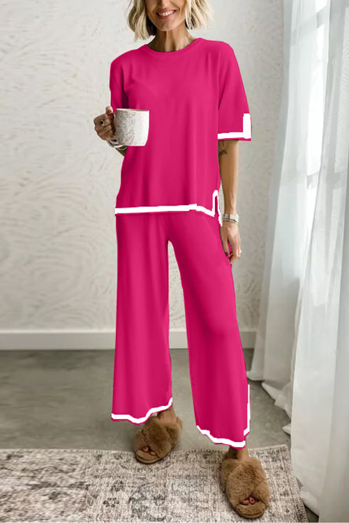 Karladress Color Block Short Sleeves Side Split Pullover Wide Leg Pants Knitting Loungewear Set