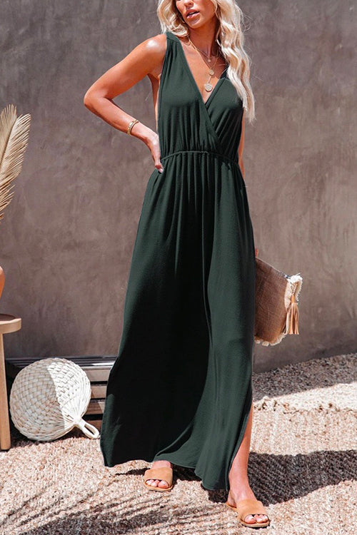 Karladress Sleeveless V Neck Side Split Solid Maxi Sundress