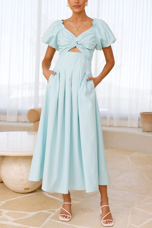 Karladress V Neck Twist Front Puff Sleeves Cut Out Maxi Dress