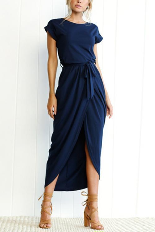 Karladress Short Sleeve Tie Waist Slit Midi Dress