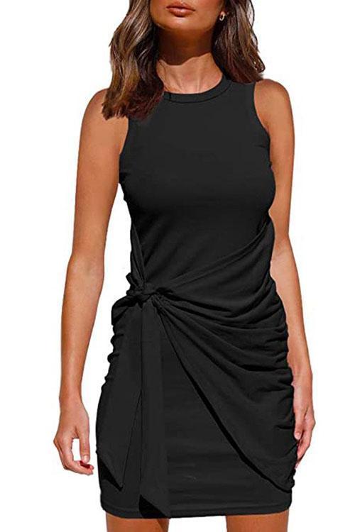 Karladress Crewneck Knot Front Ruched Sleeveless Dress