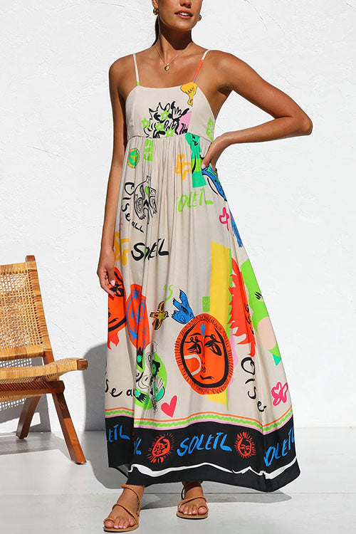 Karladress Tie Back Cut Out Graffiti Print Flowy Maxi Cami Dress