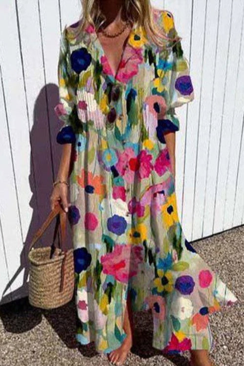 Karladress Ruched Button Down Balloon Sleeves Printed Maxi Dress