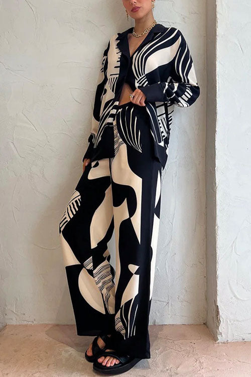 Karladress Graphic Printed Long Sleeve Blouse Shirt Wide Leg Pants 2 Pieces Set