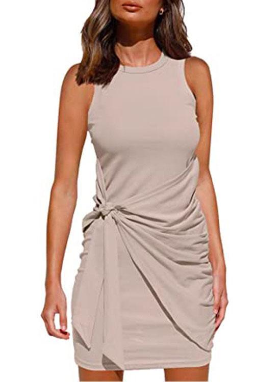 Karladress Crewneck Knot Front Ruched Sleeveless Dress