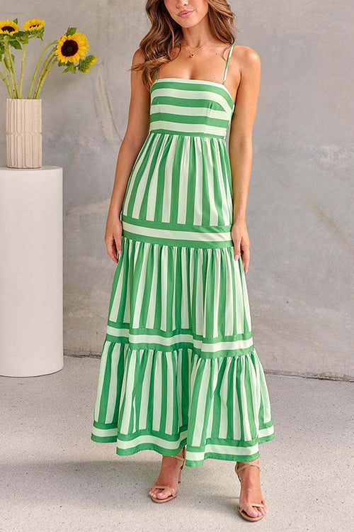 Karladress Spaghetti Strap Ruffle Tiered Color Block Striped Maxi Dress