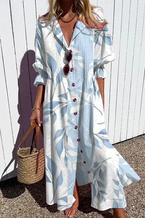 Karladress Ruched Button Down Balloon Sleeves Printed Maxi Dress