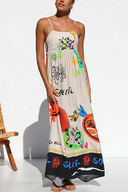 Karladress Tie Back Cut Out Graffiti Print Flowy Maxi Cami Dress