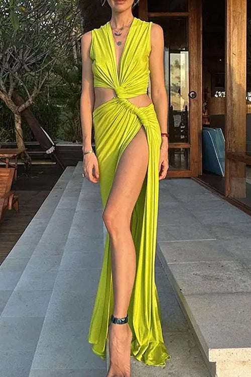 Karladress V Neck Knot Front Cut Out High Slit Sleeveless Maxi Dress