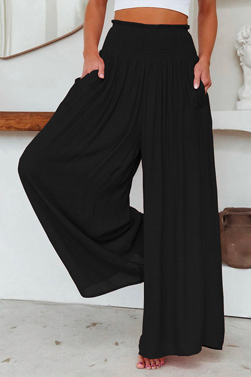 Karladress Smocked Elastic Waist Pleated Wide Leg Pants