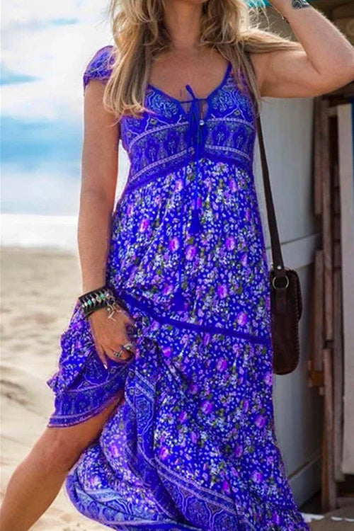 Karladress Tassel V Neck Bohemia Printed Maxi Beach Dress