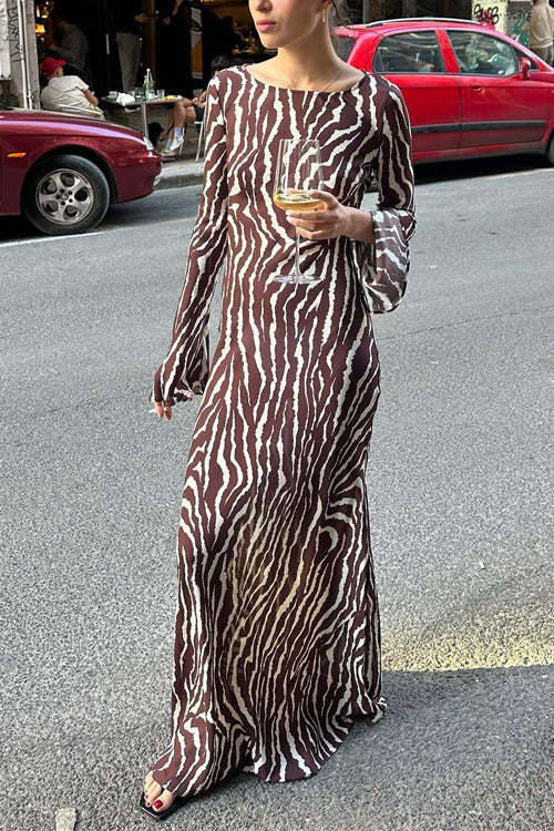 Karladress Boat Neck Bell Sleeves Animal Print Maxi Dress