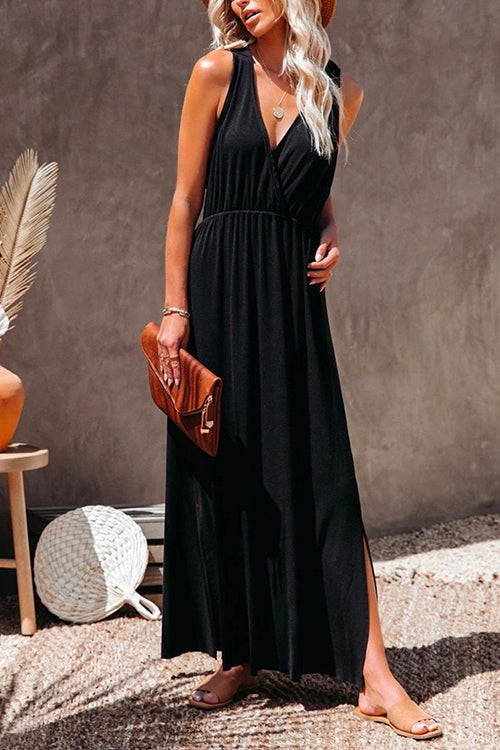 Karladress Sleeveless V Neck Side Split Solid Maxi Sundress