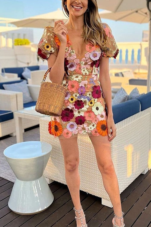 Karladress V Neck Puff Sleeves Embroidered Floral Mini Dress