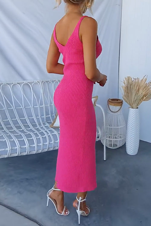 Scoop Neck Slit Ribbed Knit Midi Cami Dress