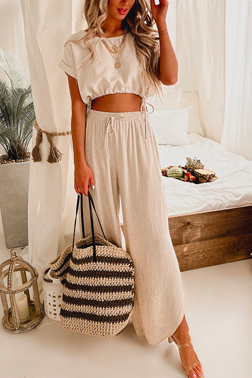 Karladress Drawstring Hem Crop Top Wide Leg Pants Loungewear Set