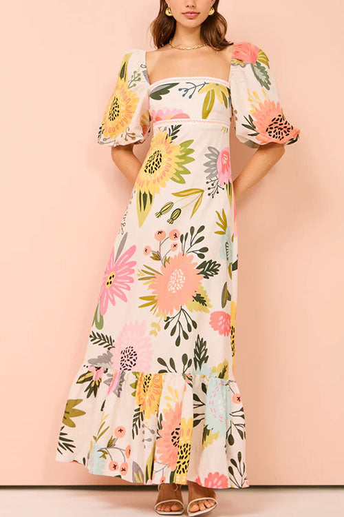 Karladress Square Collar Puff Sleeves Floral Print Cotton Linen Ruffle Maxi Dress