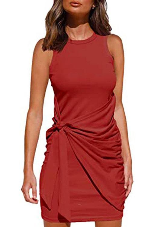 Karladress Crewneck Knot Front Ruched Sleeveless Dress