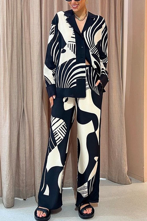 Karladress Graphic Printed Long Sleeve Blouse Shirt Wide Leg Pants 2 Pieces Set