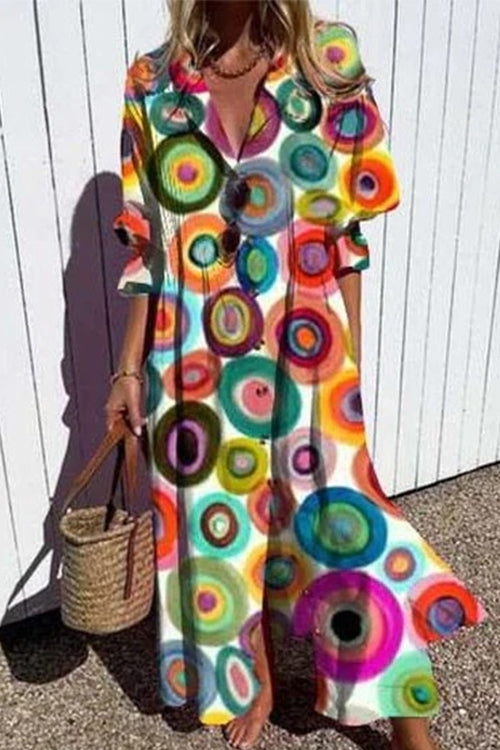 Karladress Ruched Button Down Balloon Sleeves Printed Maxi Dress