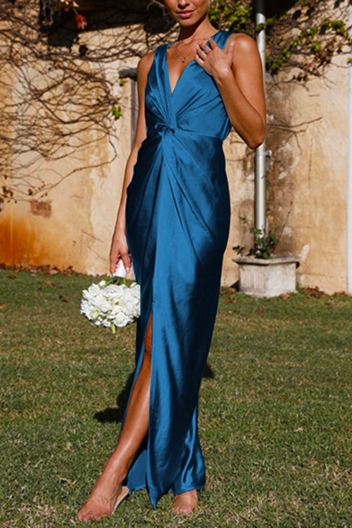 Karladress V Neck Twist Front Slit Maxi Satin Dress