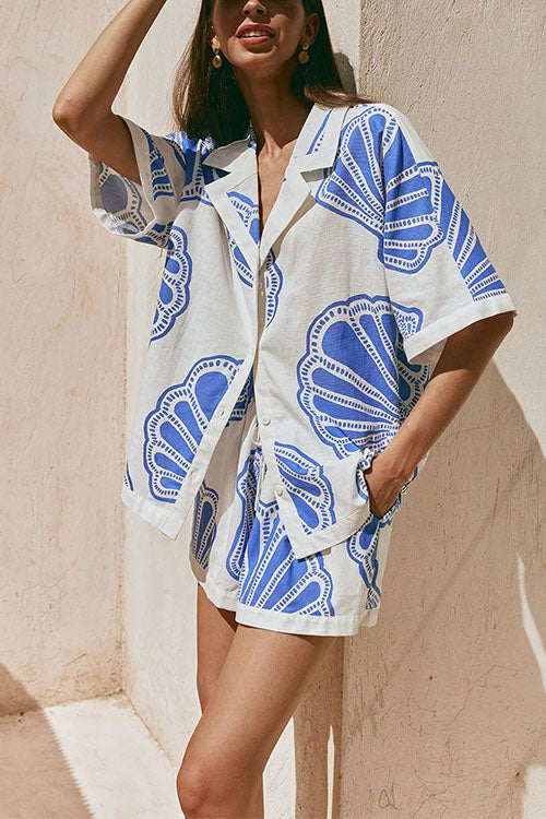 Karladress V Neck Short Sleeves Shirt and Drawstring Waist Shorts Seashell Print Set