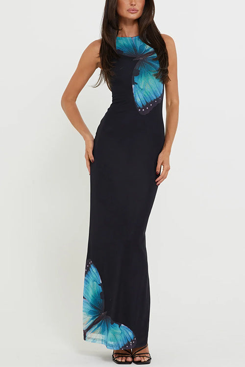 Karladress Back Lace-up Sleeveless Butterfly Print Maxi Dress