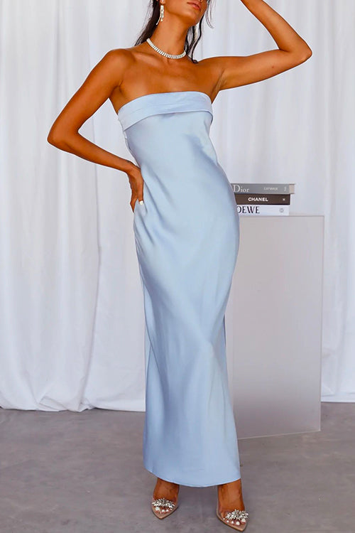 Karladress Backless Tube Top Solid Satin Maxi Party Dress