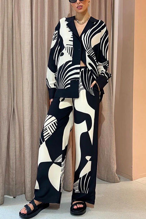 Karladress Graphic Printed Long Sleeve Blouse Shirt Wide Leg Pants 2 Pieces Set