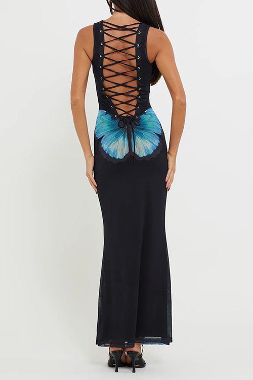 Karladress Back Lace-up Sleeveless Butterfly Print Maxi Dress