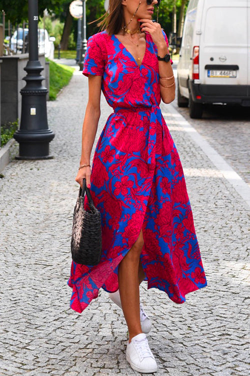 Karladress V Neck Tie Waist Printed Wrapped Long Holiday Dress