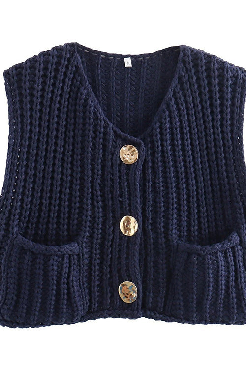 Karladress Gold Buttons Pocketed Chunky Sweater Vest