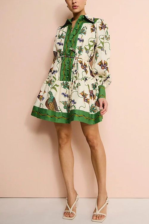 Karladress Long Lantern Sleeves Button Up Unique Print Mini Dress