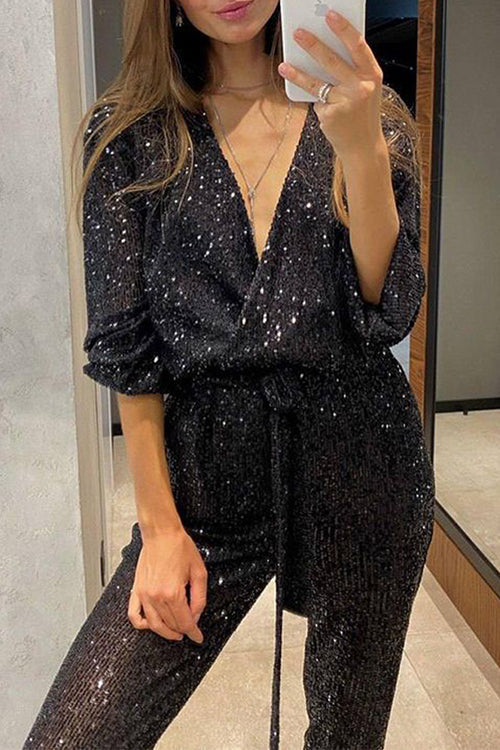 Karladress Wrap V Neck Tie Waist Sequin Jumpsuit