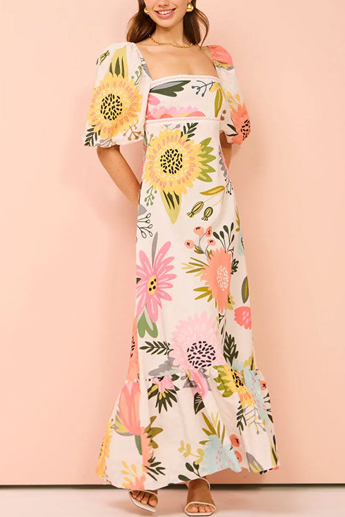 Karladress Square Collar Puff Sleeves Floral Print Cotton Linen Ruffle Maxi Dress