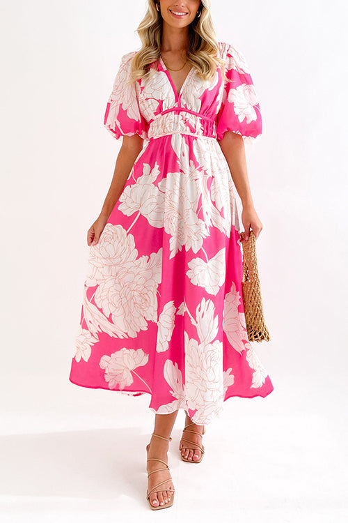 Karladress V Neck Puff Sleeves Waisted Floral Midi Dress